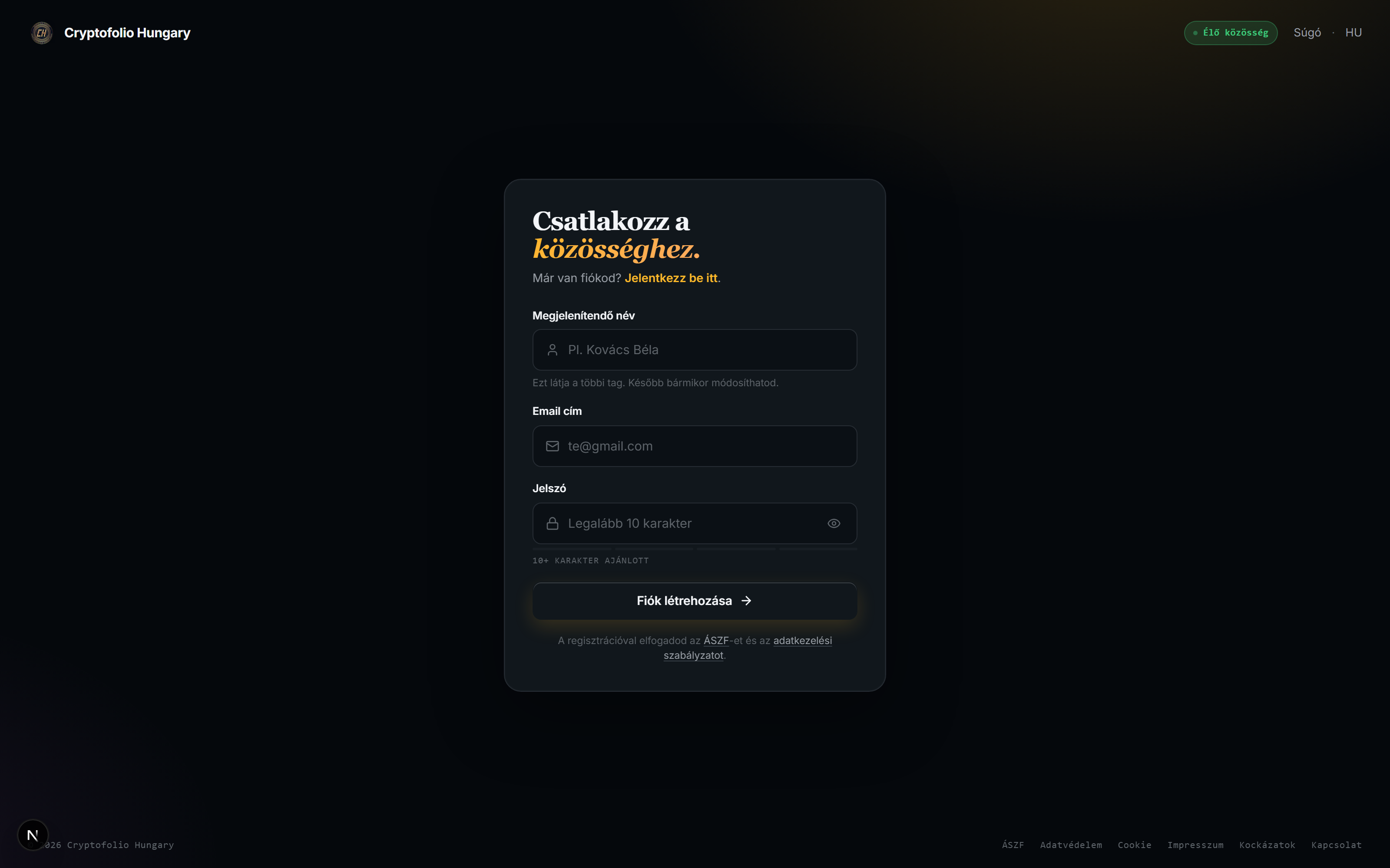 Regisztrációs képernyő — app.cryptofolio.hu, Crypto Vagyonépítés Akadémia