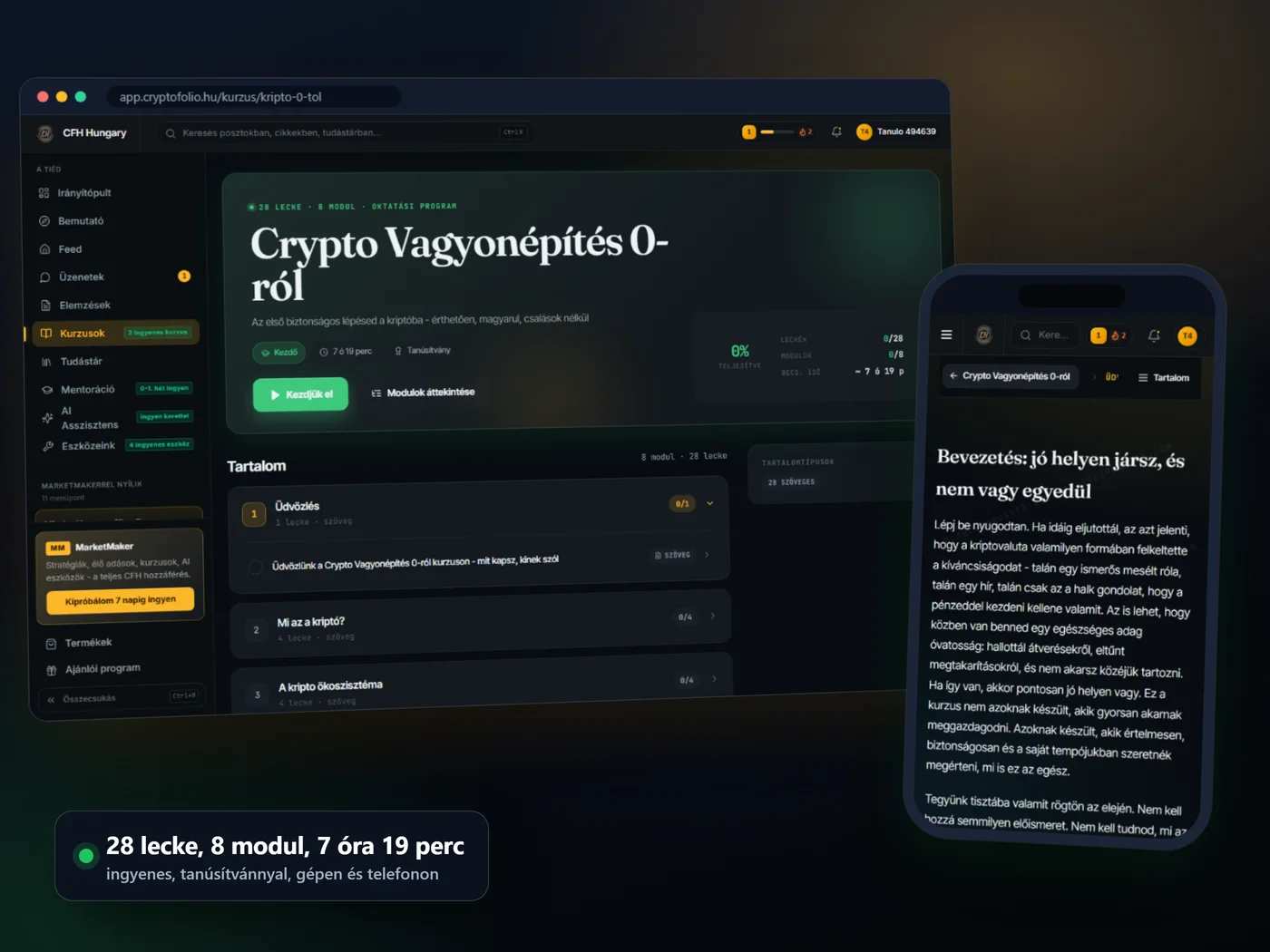 A Crypto Vagyonépítés 0-ról kurzus a platformon: a kurzus oldala laptopon, egy lecke telefonon
