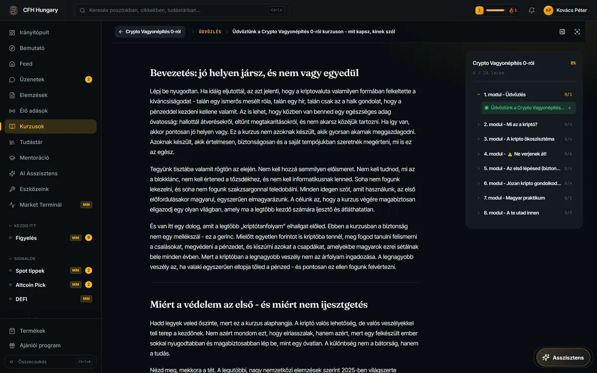 Egy lecke a platformon: nagy betűs szöveg, jobb oldalt a modulok