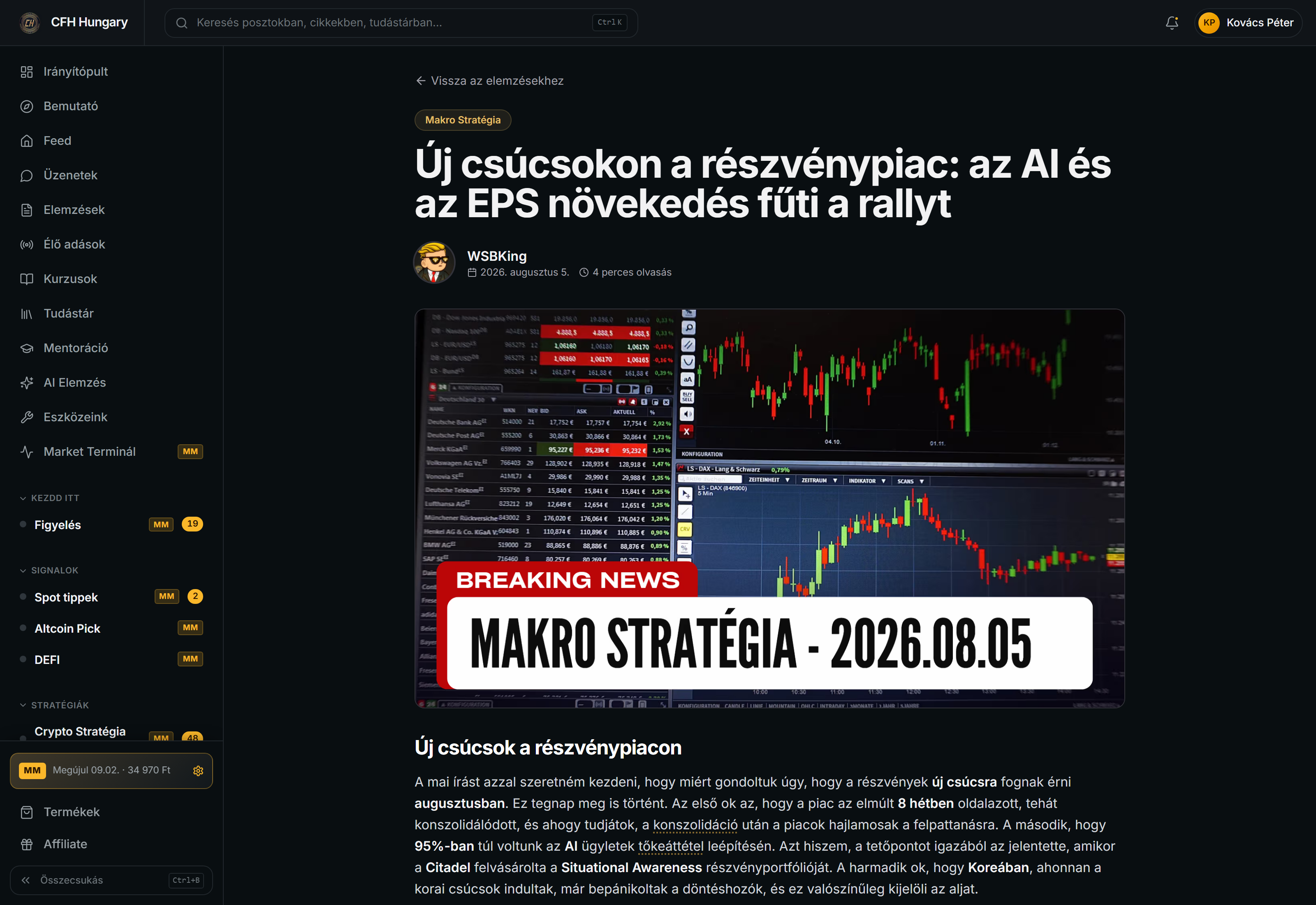 Egy megnyitott Makro Stratégia írás a platformon, chartokkal és részletes elemzéssel